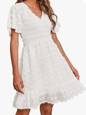 NWT Womens White Smocked Mini Dress Summer Vacation (M)